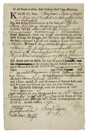(SLAVERY AND ABOLITION.) Partially Printed Document, Bill of Sale for "Negro woman by name of Minnah,"